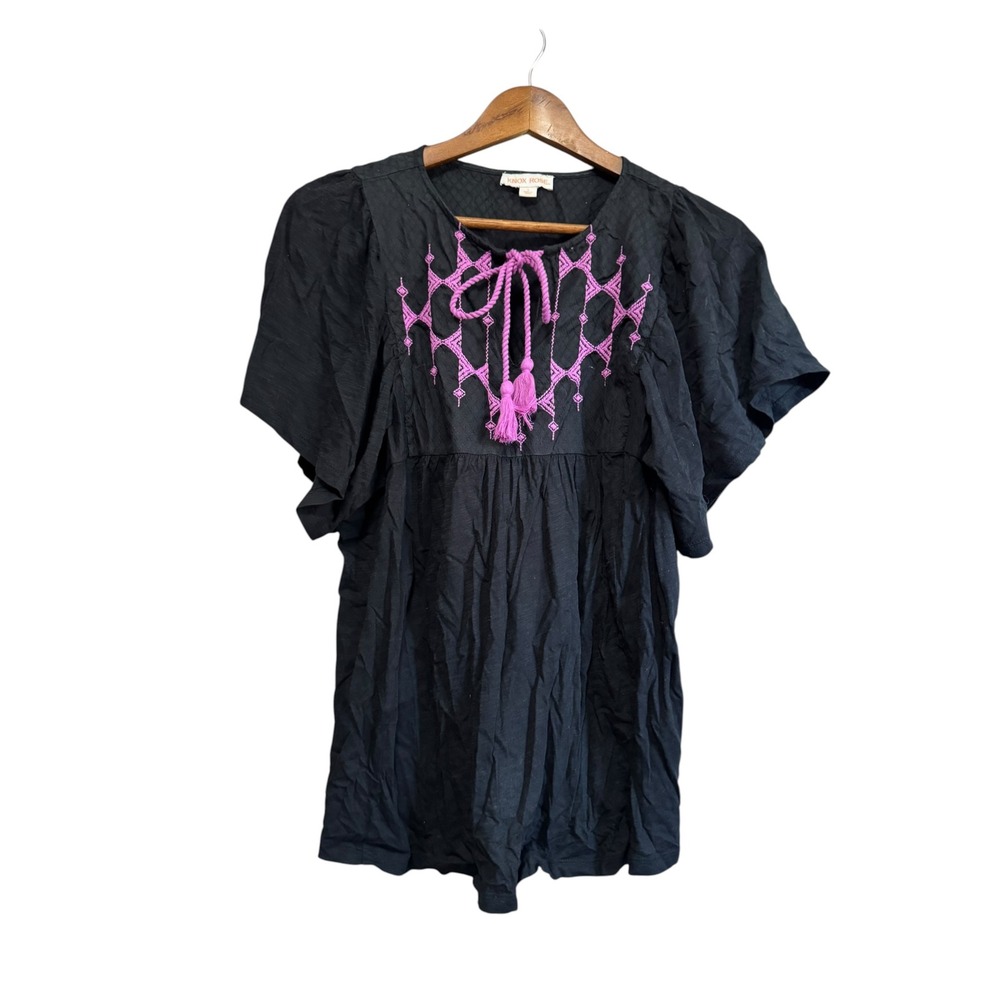 Knox Rose Embroidered Peasant Top Women Small Black Pink Tassel Boho S Sleeve